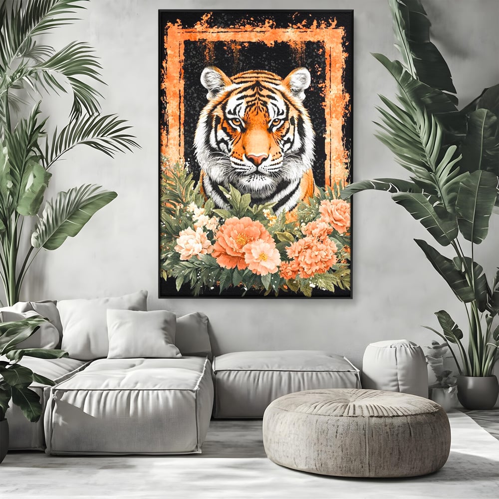Tablou canvas cu tablou canvas cu tigru si flori, in rama de aluminiu negru, pe perete intr-un living
